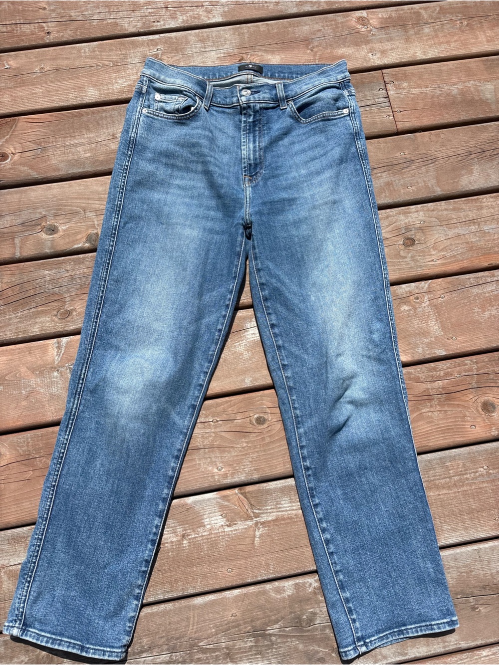 7 For All Mankind Women’s High Waist Cropped Straight Jeans in Mid Blue Wash